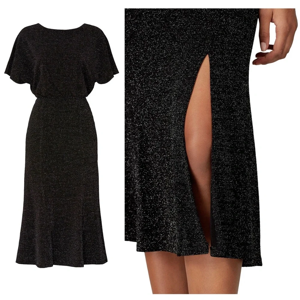 DONNA MORGAN‎ Metallic Sparkle Knit Short Sleeve V-Back Side Slit Midi Dress 8